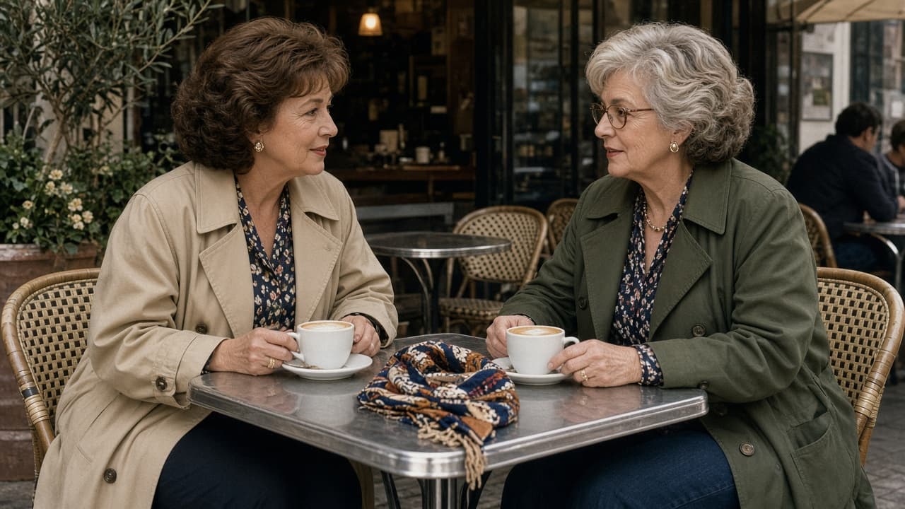 Two older women talking over cappuccinos at an outdoor cafe table