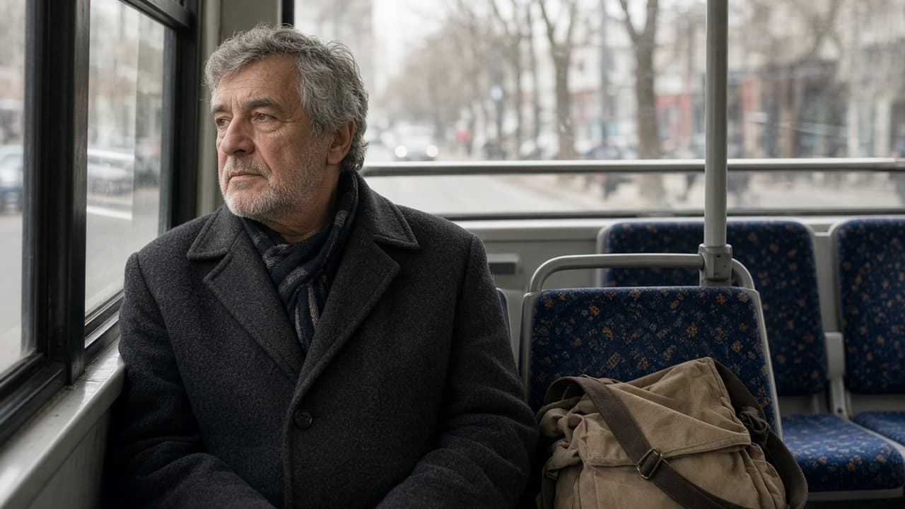 A man in his sixties looking out the window of a city bus