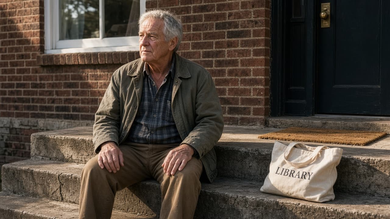 A man in his late sixties sitting on brick front steps with a canvas bag beside him