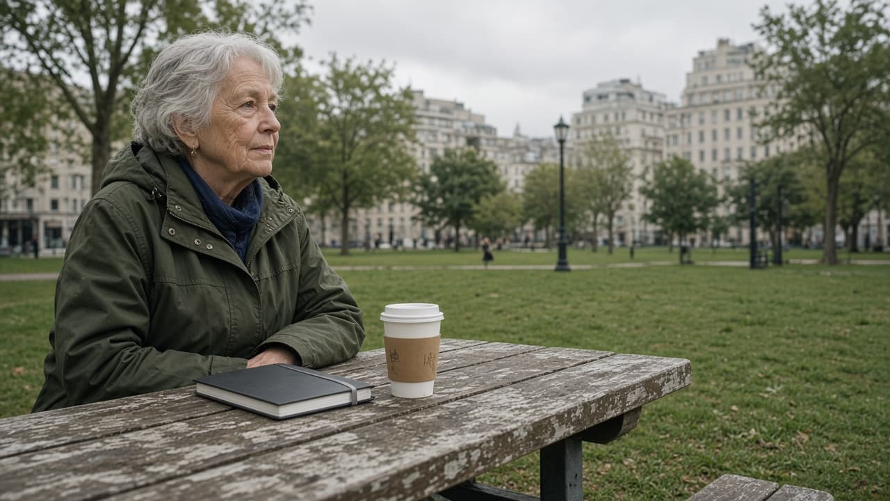 A woman in her seventies with a closed notebook at a picnic table in a park