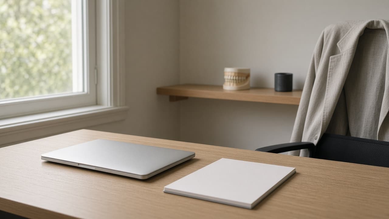 A consultation desk with a closed laptop and a jaw model across the room