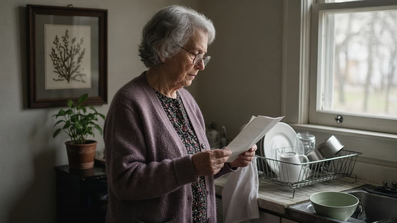 A person reading mail by a window, the page turned away from the camera