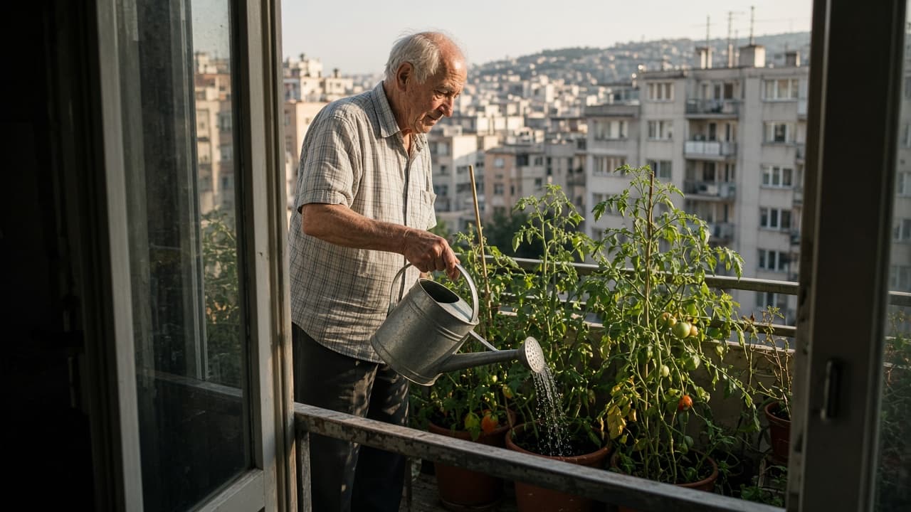 A man in his seventies watering tomato plants on an apartment balcony
