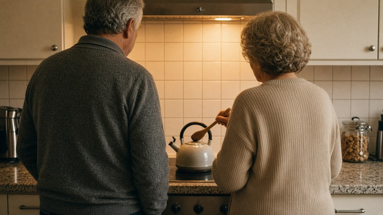 A couple in their sixties seen from behind, watching a kettle on the stove