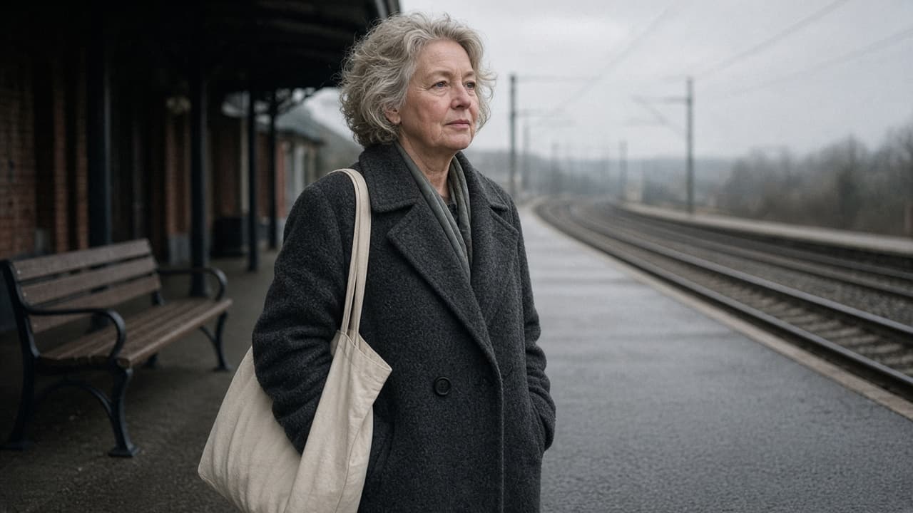 A woman in a rust coat waiting on a train platform with a canvas tote