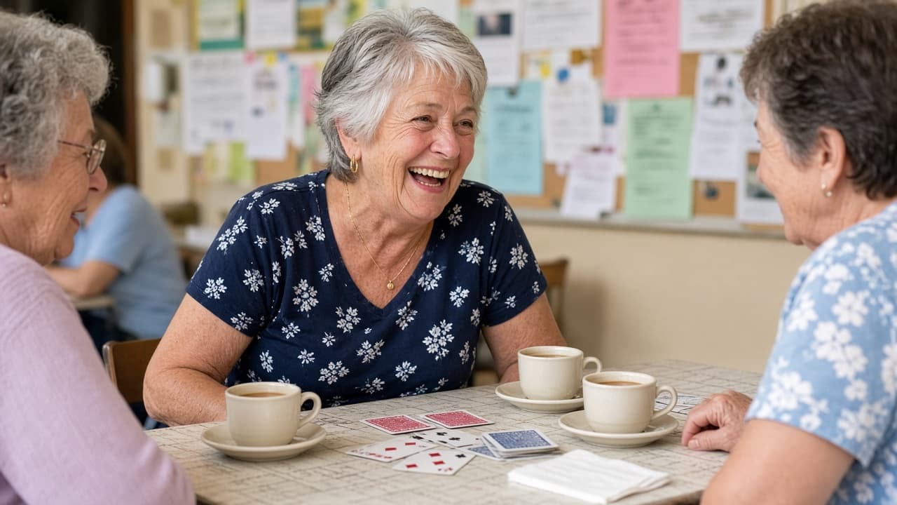 Three women laughing over cards at a community centre
