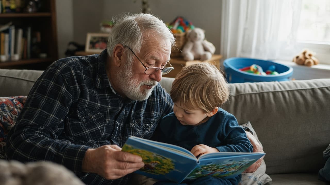 A grandfather reading a picture book to a grandchild on a sofa